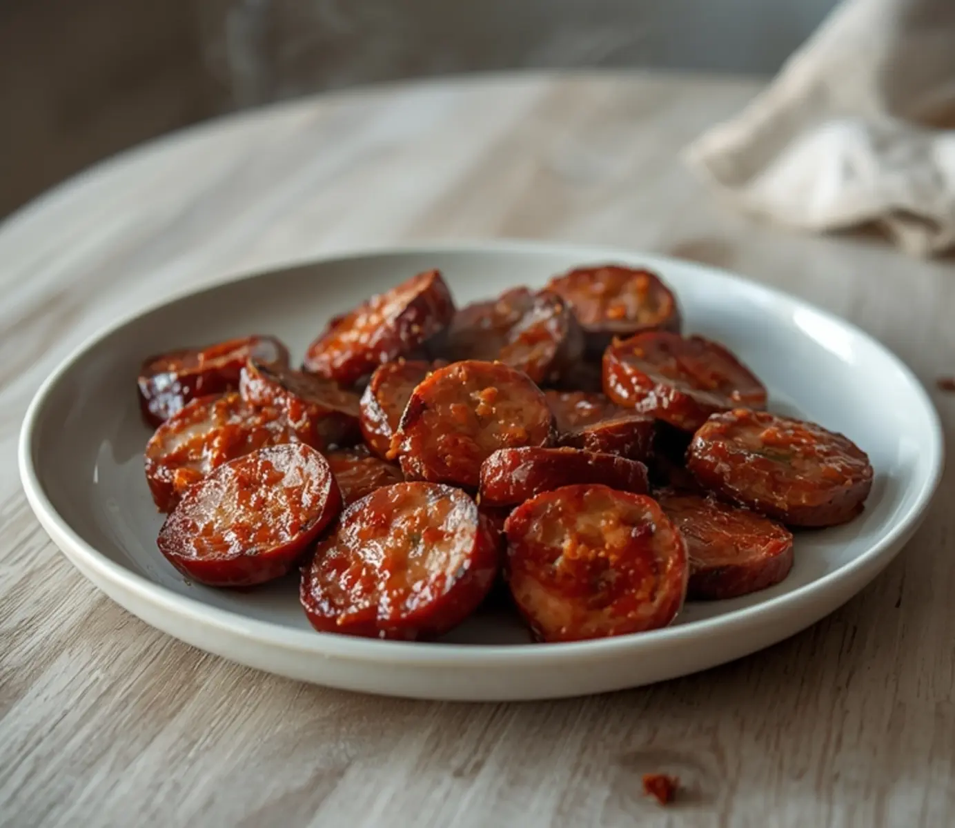 air fryer andouille sausage: Golden brown andouille sausage slices with crisp edges in an air fryer basket, perfect for dinner.