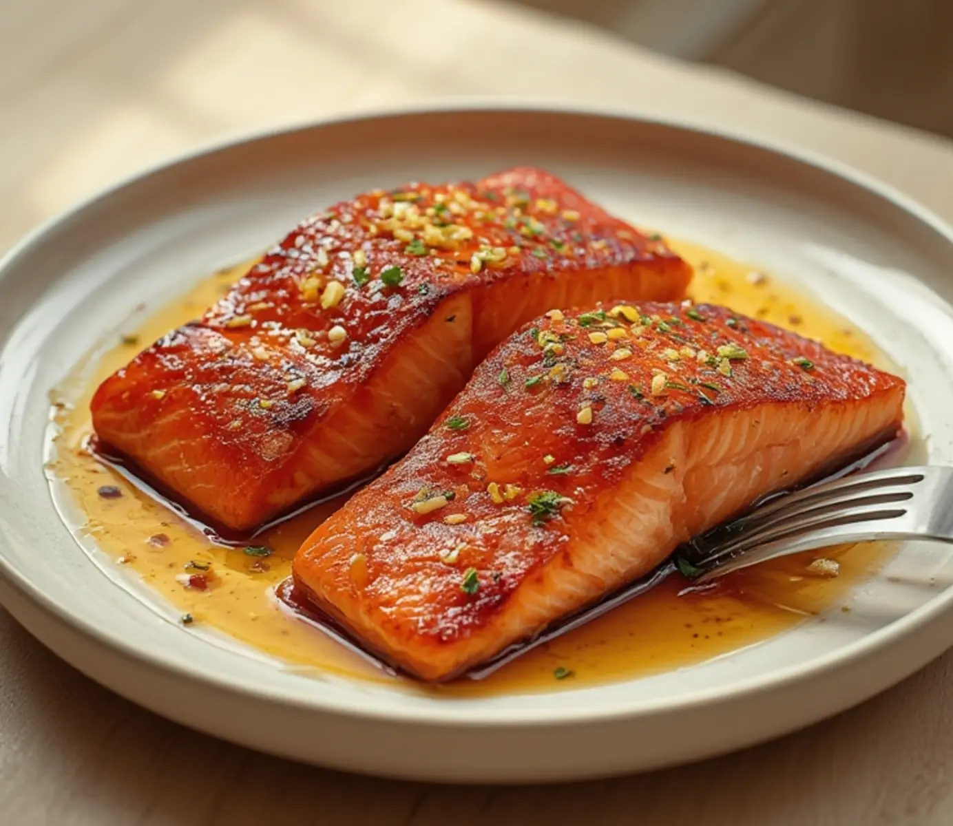 air fryer asian salmon: Close-up of air fryer Asian salmon with a glossy, caramelized glaze and flaky pink interior.