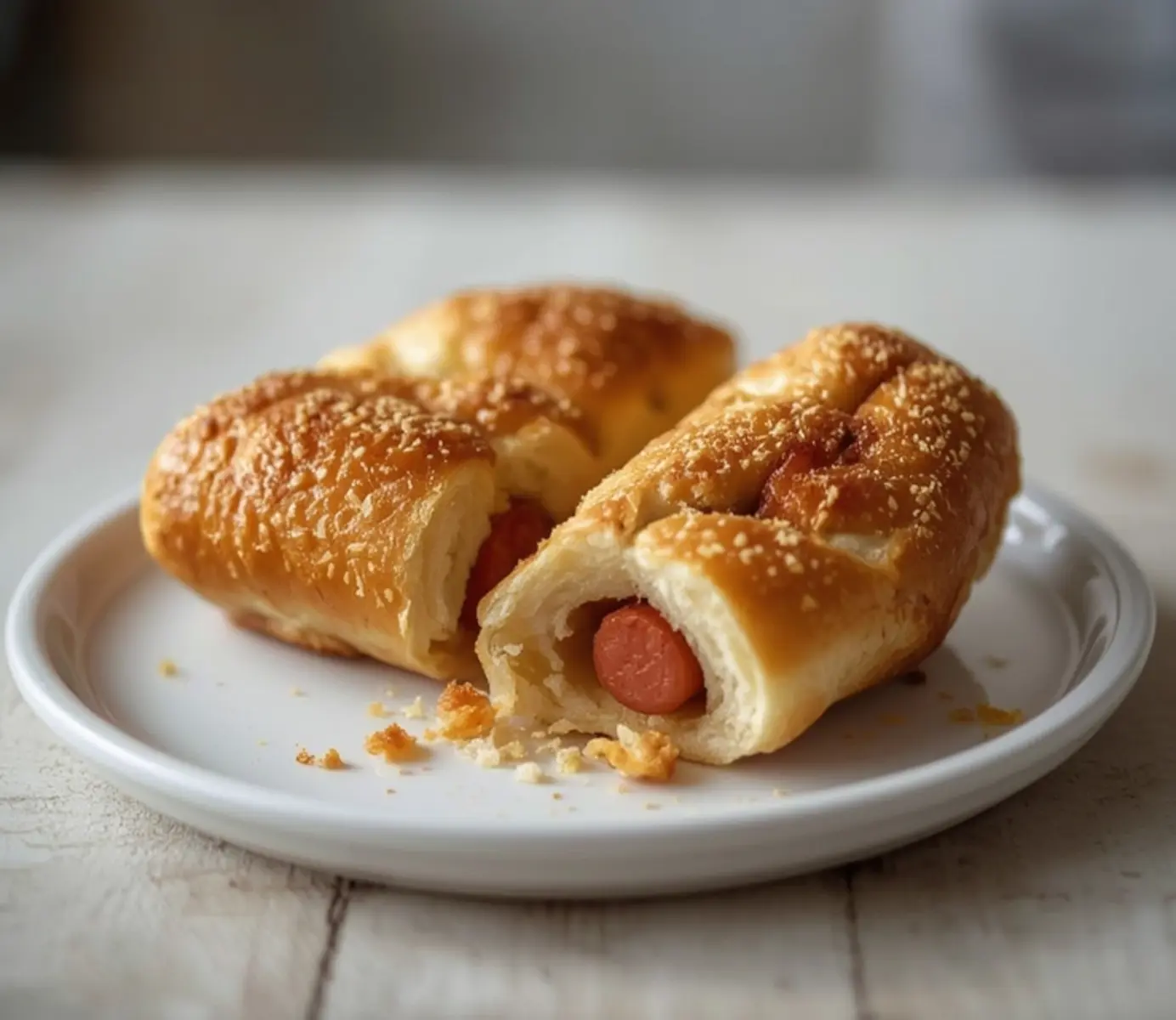air fryer bagel dogs: Golden brown air fryer bagel dogs with a crisp, toasted crust on a plate.