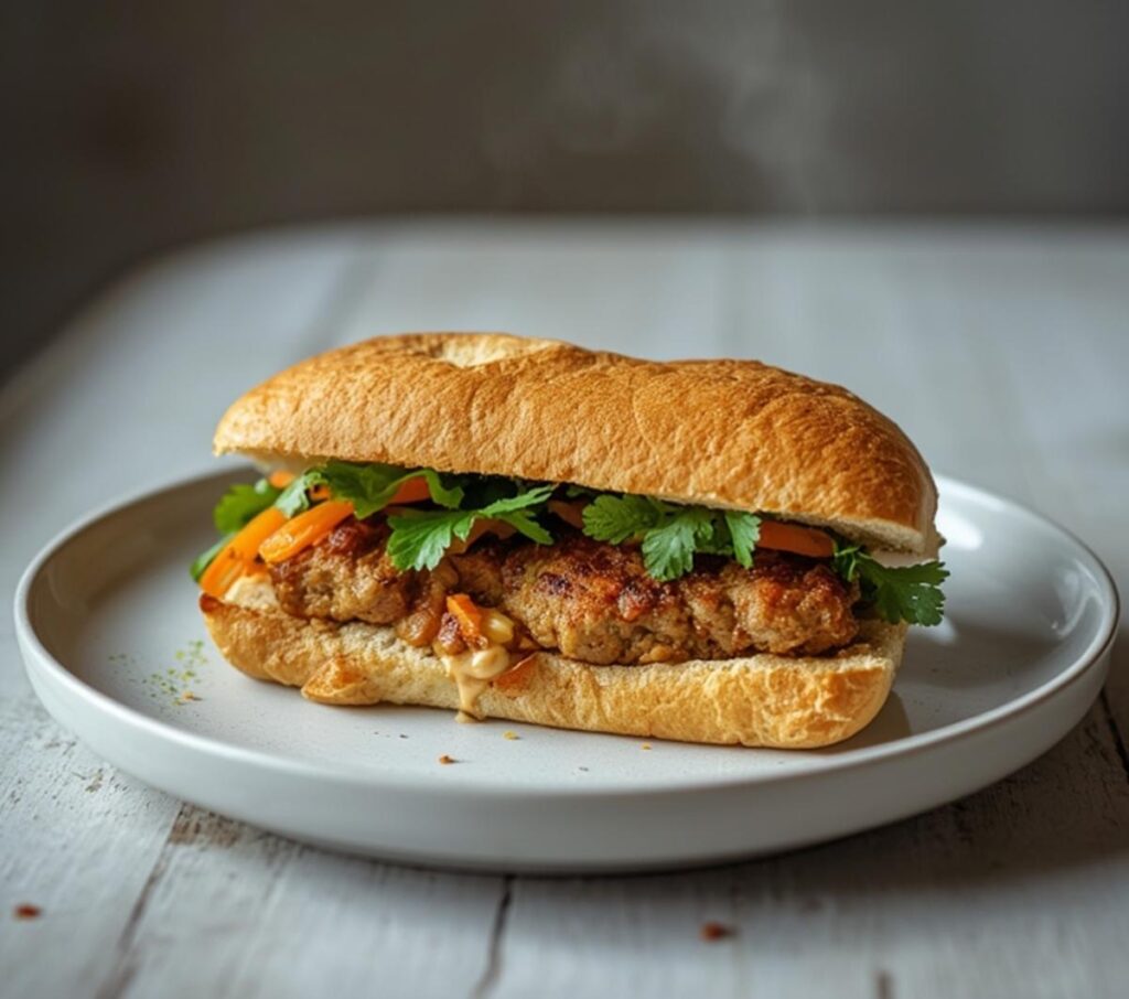air fryer banh mi sandwich: Crispy air fryer banh mi sandwich with golden pork and colorful pickled vegetables on a toasted baguette.