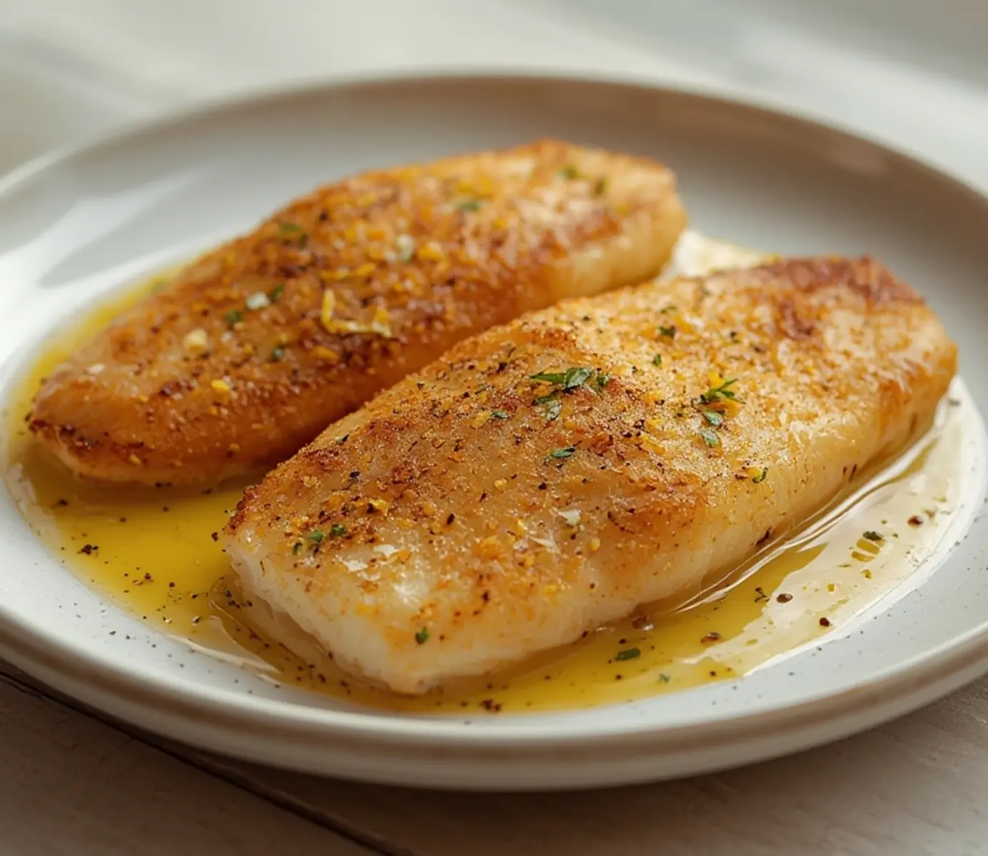 air fryer bass: Air fryer bass fillets with crispy edges, golden skin, and melted lemon butter sauce