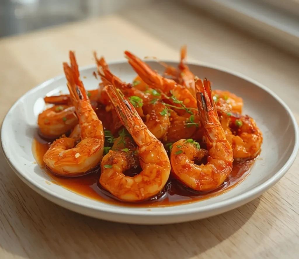 air fryer bbq shrimp: Air fryer BBQ shrimp glazed with smoky sauce and crisp edges on a plate.