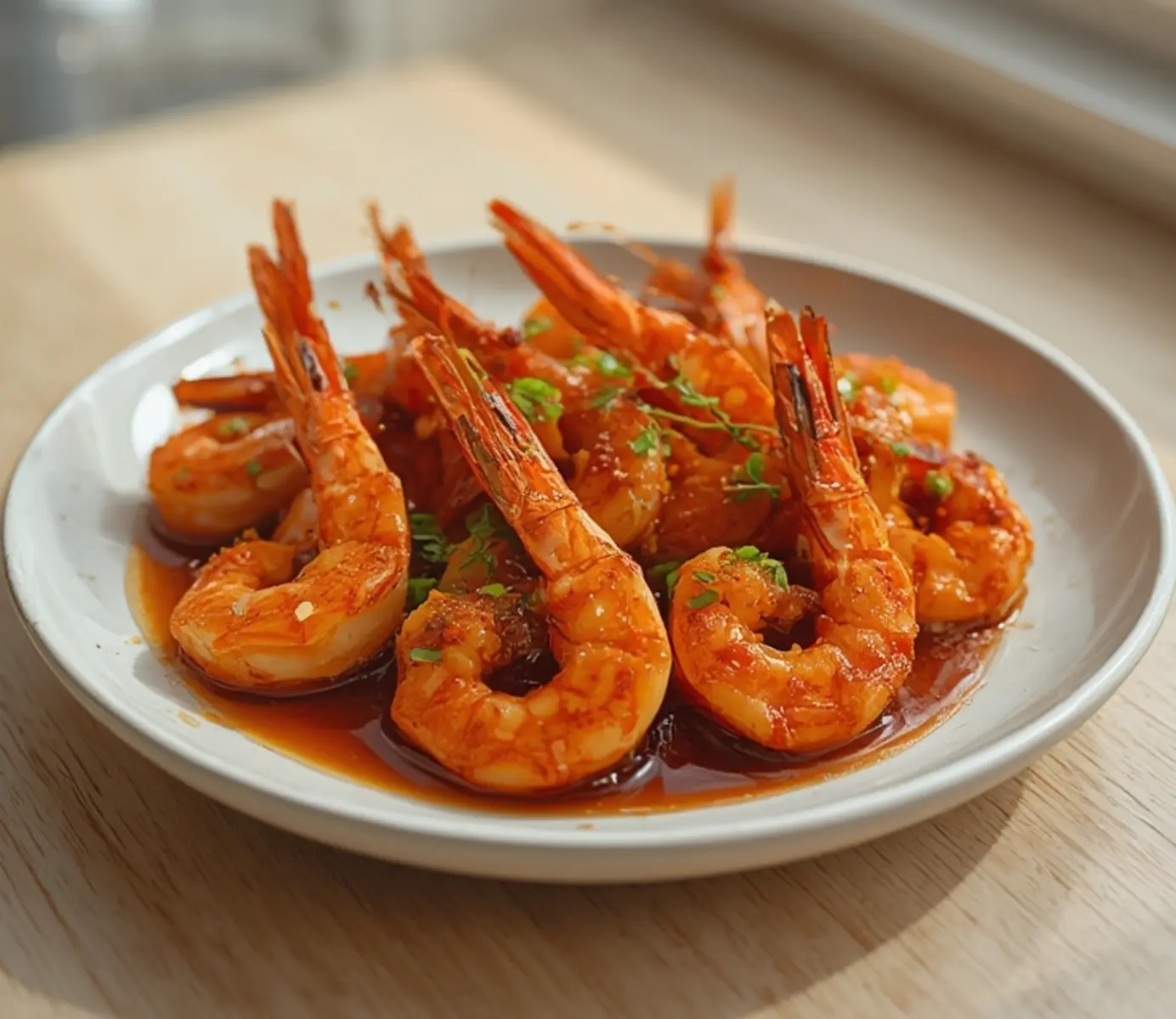 air fryer bbq shrimp: Air fryer BBQ shrimp glazed with smoky sauce and crisp edges on a plate.
