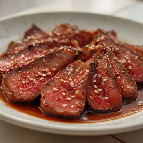 air fryer beef bulgogi korean: Juicy air fryer beef bulgogi korean with caramelized edges and sesame seeds on a dark plate