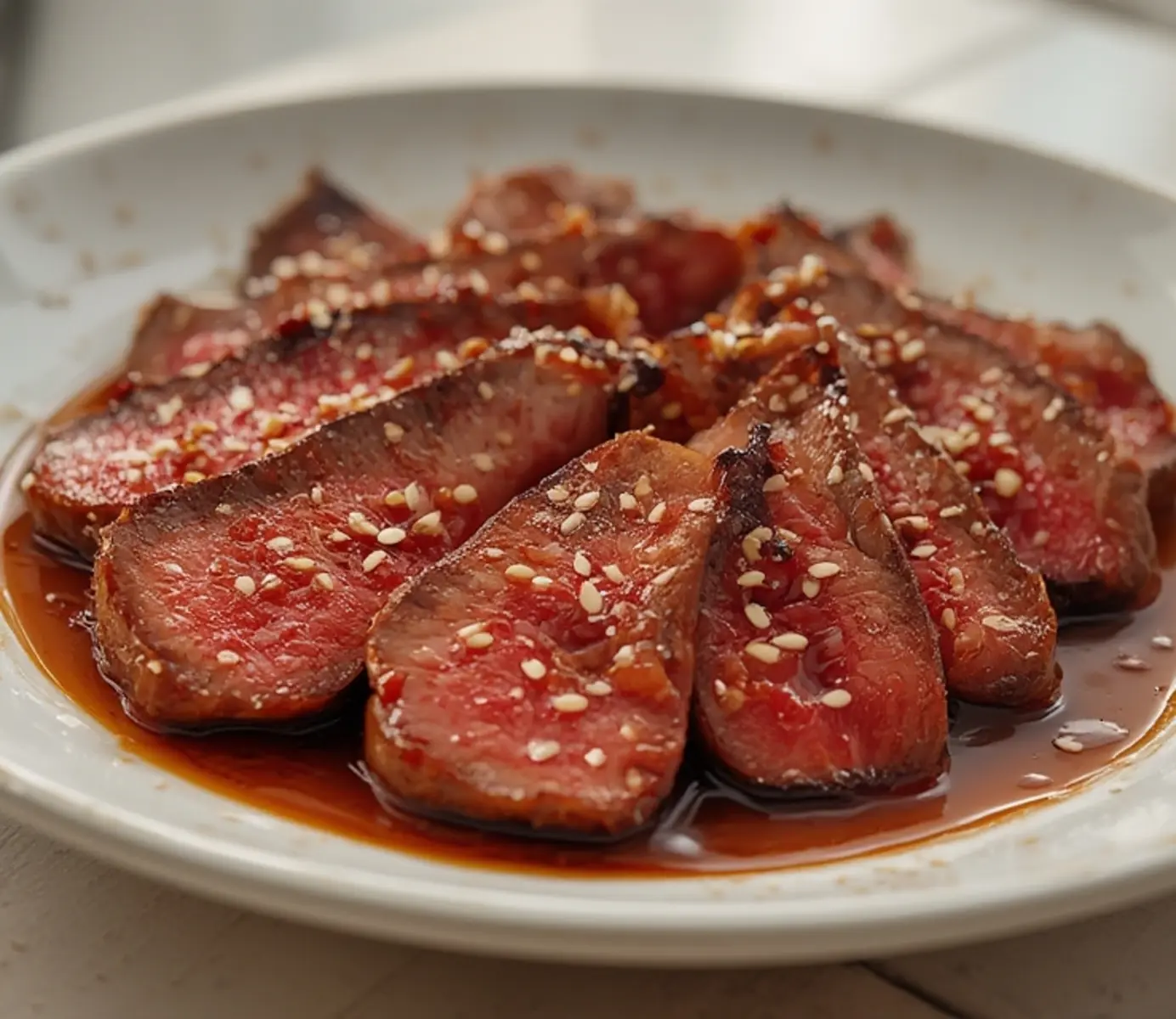air fryer beef bulgogi korean: Juicy air fryer beef bulgogi korean with caramelized edges and sesame seeds on a dark plate