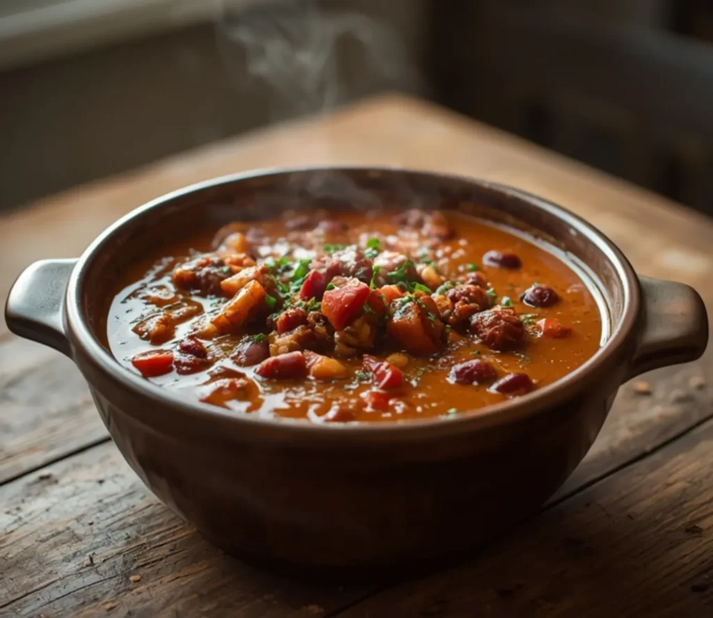 air fryer beef chili: Rich, caramel-brown air fryer beef chili in a white bowl with kidney beans and tomatoes.
