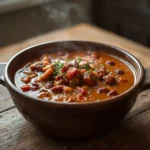 air fryer beef chili: Rich, caramel-brown air fryer beef chili in a white bowl with kidney beans and tomatoes.