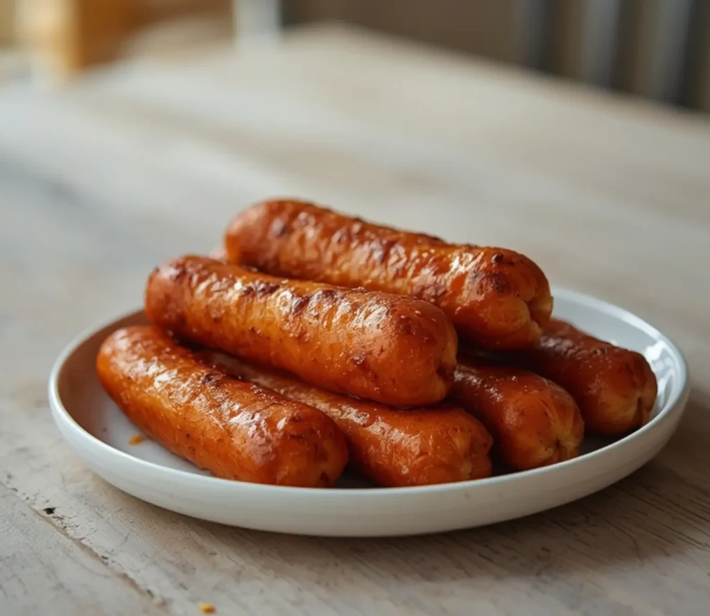 air fryer beef franks 4th july: Golden, crispy air fryer beef franks with sizzling edges on a festive plate for 4th of July.