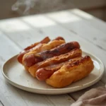 air fryer beef hot dogs: Juicy golden beef hot dogs with crisp edges in air fryer basket for quick dinner