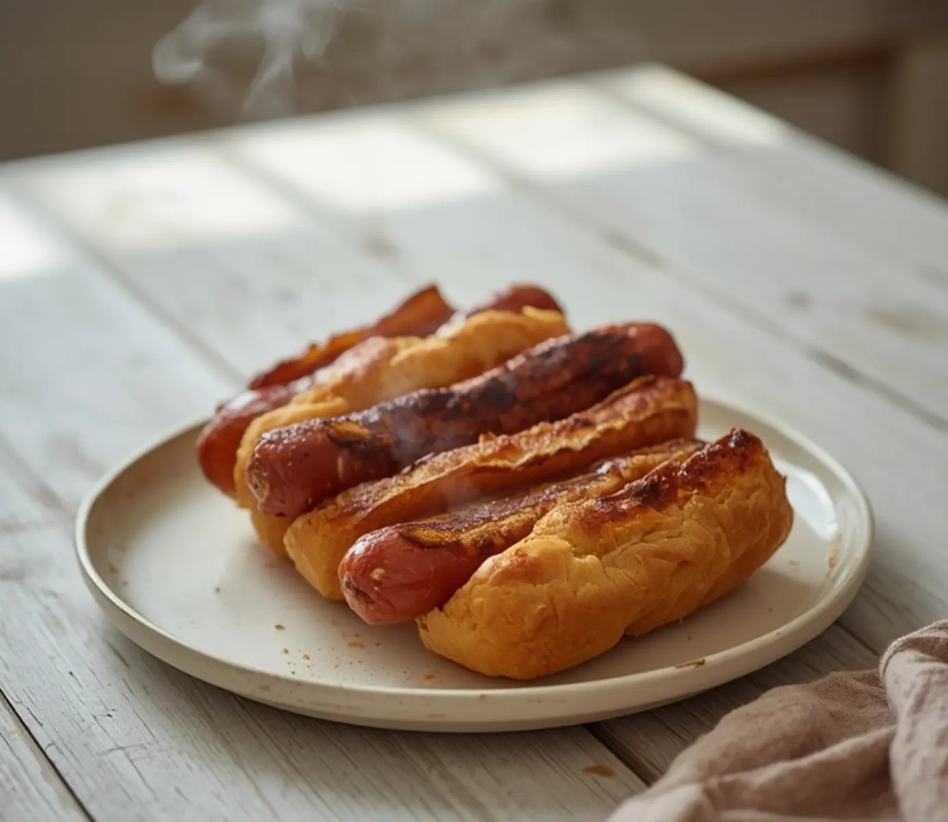 air fryer beef hot dogs: Juicy golden beef hot dogs with crisp edges in air fryer basket for quick dinner