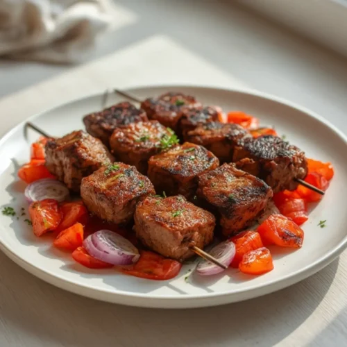 air fryer beef kabobs grilled: Juicy air fryer beef kabobs grilled with charred edges and colorful vegetables on skewers.