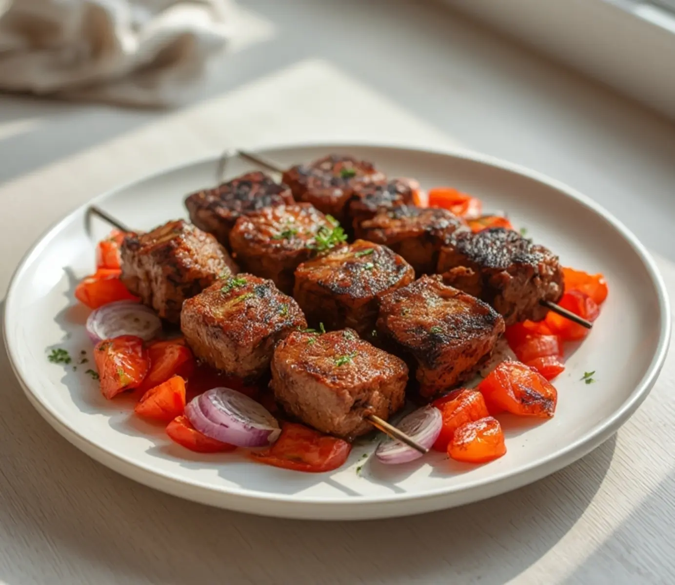 air fryer beef kabobs grilled: Juicy air fryer beef kabobs grilled with charred edges and colorful vegetables on skewers.