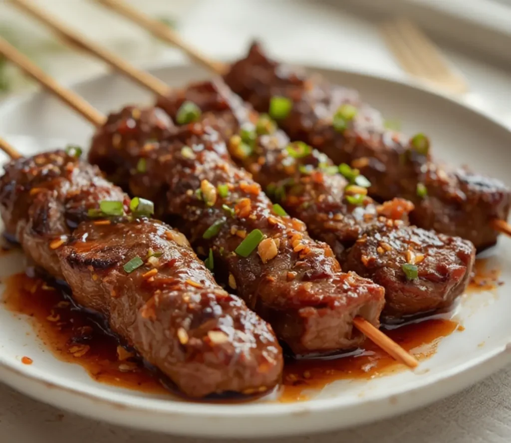 air fryer beef satay skewers: Juicy air fryer beef satay skewers with golden brown edges and peanut sauce glaze on a plate