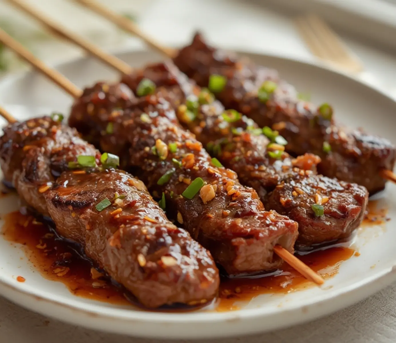 air fryer beef satay skewers: Juicy air fryer beef satay skewers with golden brown edges and peanut sauce glaze on a plate