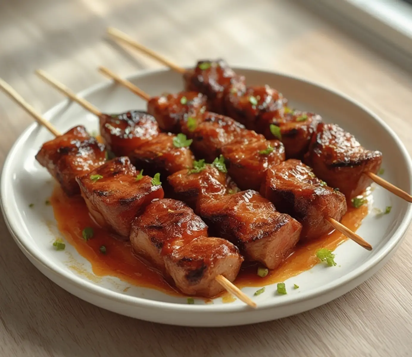 air fryer beef skewers bbq: Air fryer beef skewers with charred edges and glossy BBQ sauce, close-up view of juicy meat.