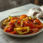 air fryer bell pepper strips: Crispy air fryer bell pepper strips with golden edges and vibrant colors in a white bowl.
