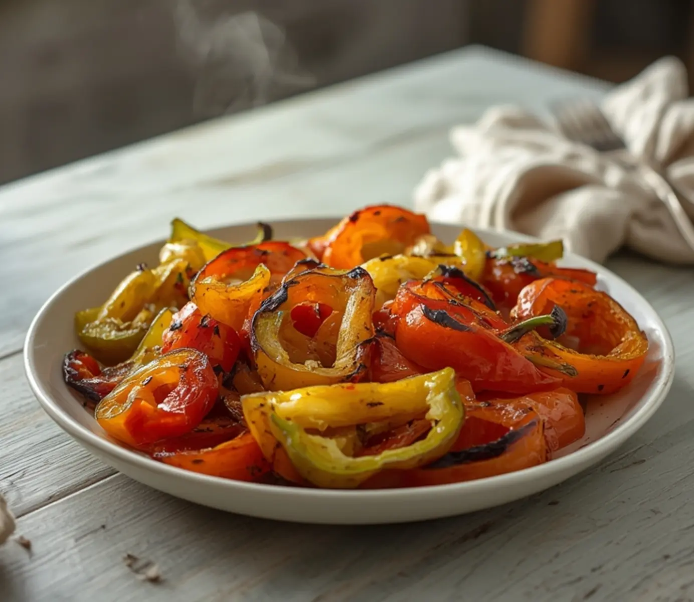 air fryer bell pepper strips: Crispy air fryer bell pepper strips with golden edges and vibrant colors in a white bowl.