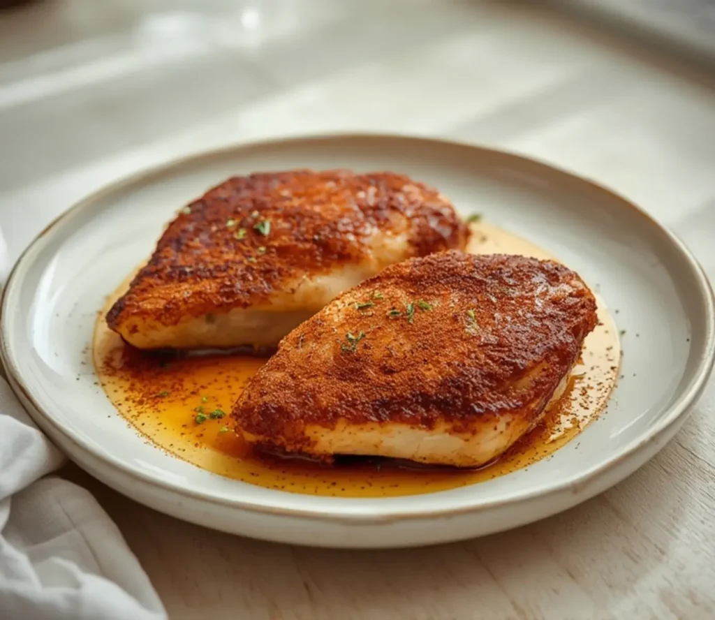 air fryer blackened chicken: Juicy air fryer blackened chicken breast with a crispy, rust-red spice crust and charred edges on a dark surface.