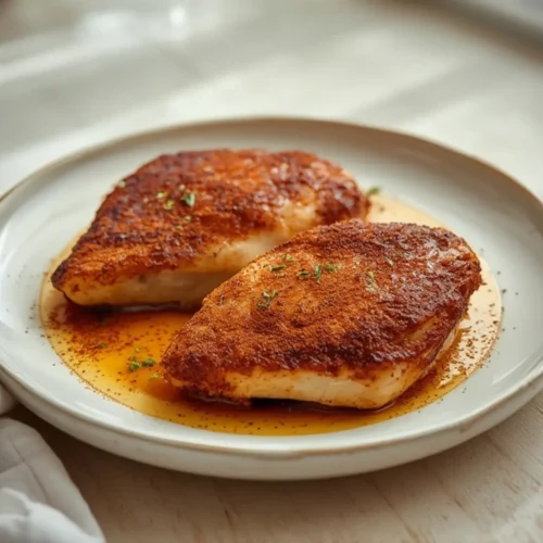 air fryer blackened chicken: Juicy air fryer blackened chicken breast with a crispy, rust-red spice crust and charred edges on a dark surface.