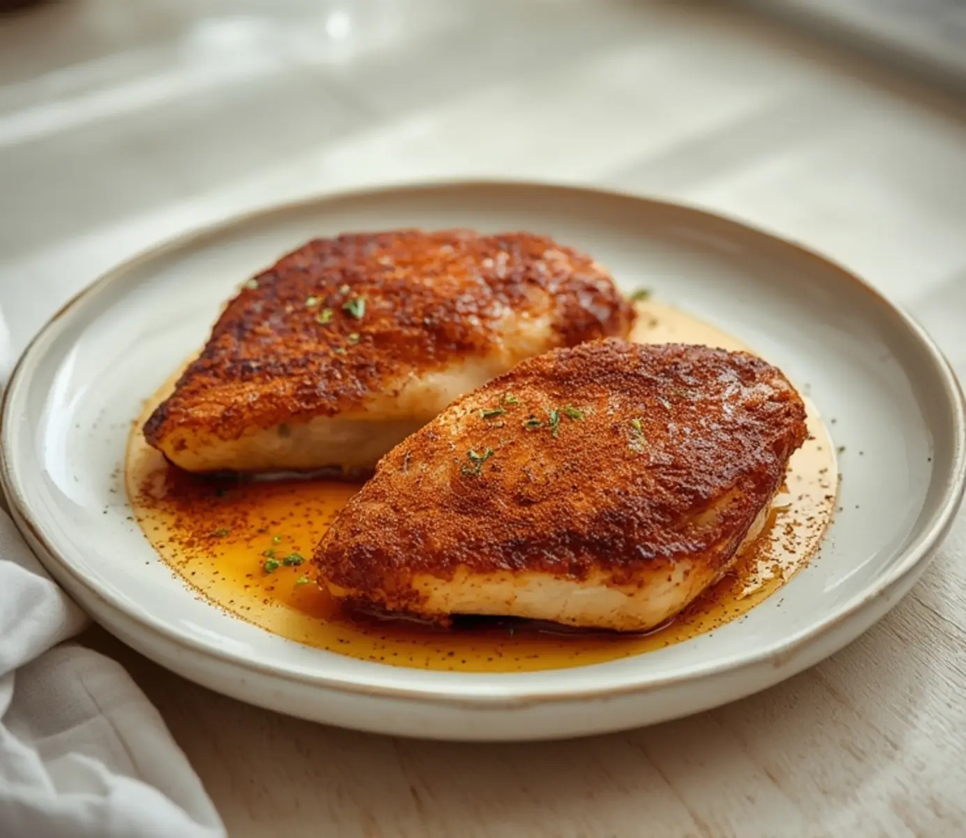 air fryer blackened chicken: Juicy air fryer blackened chicken breast with a crispy, rust-red spice crust and charred edges on a dark surface.