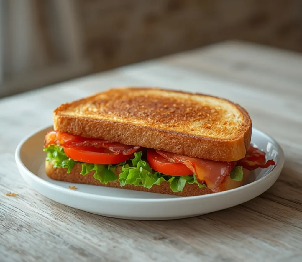 air fryer blt sandwich crispy: Crispy air fryer BLT sandwich with golden toast, crunchy bacon, and fresh tomato on a plate.