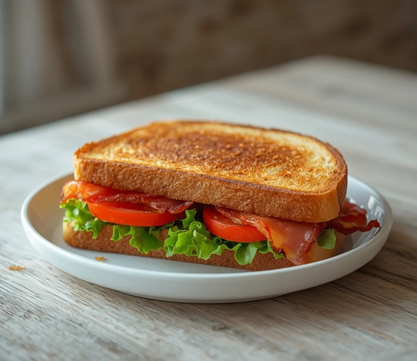 air fryer blt sandwich crispy: Crispy air fryer BLT sandwich with golden toast, crunchy bacon, and fresh tomato on a plate.