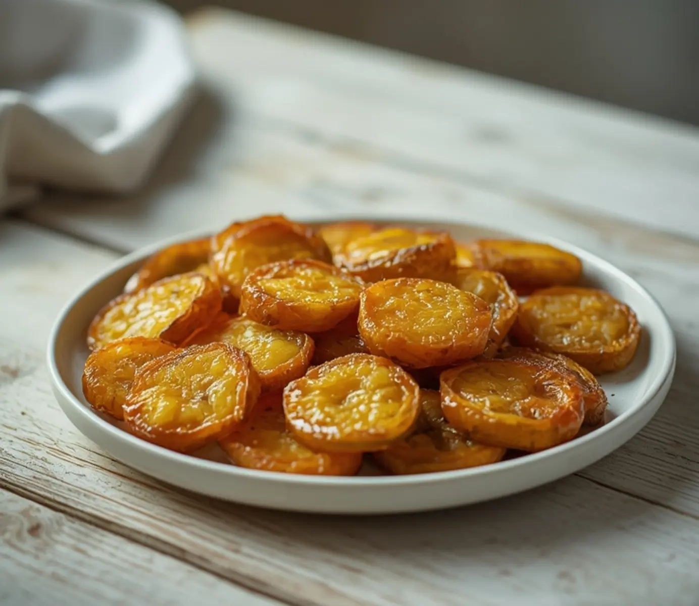air fryer bread and butter pickles: Golden crispy air fryer bread and butter pickles with glazed edges on a plate