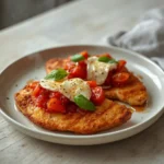 air fryer bruschetta chicken: Golden crispy air fryer bruschetta chicken topped with fresh tomatoes and melted mozzarella cheese.