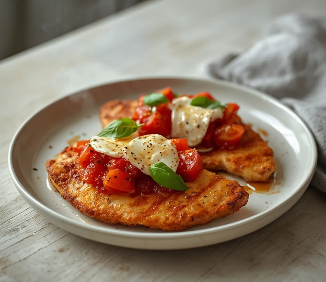 air fryer bruschetta chicken: Golden crispy air fryer bruschetta chicken topped with fresh tomatoes and melted mozzarella cheese.