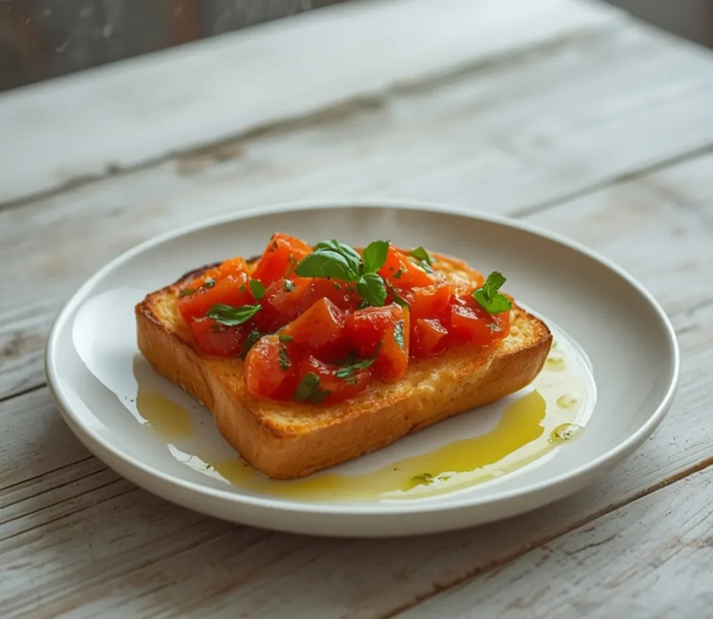 air fryer bruschetta toast: Golden crispy air fryer bruschetta toast topped with juicy tomatoes and fresh basil.