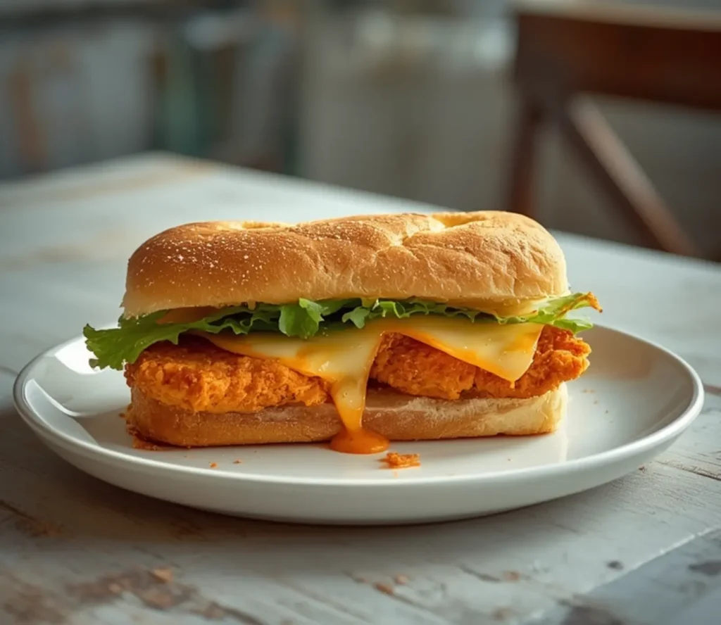 air fryer buffalo chicken sandwich: Crispy air fryer buffalo chicken sandwich with melted cheese and fresh lettuce on a toasted bun.