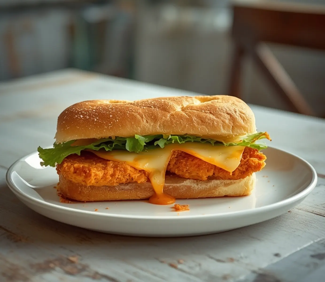 air fryer buffalo chicken sandwich: Crispy air fryer buffalo chicken sandwich with melted cheese and fresh lettuce on a toasted bun.