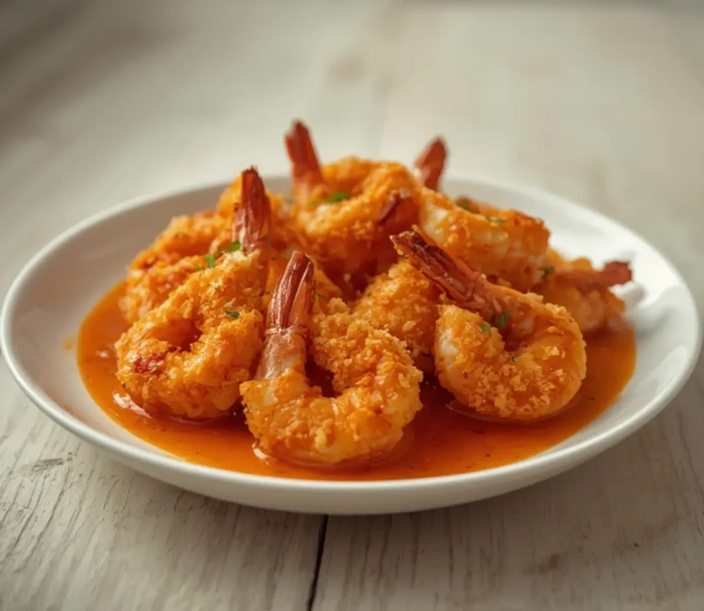 air fryer buffalo shrimp: Golden crispy air fryer buffalo shrimp drizzled with spicy sauce on a plate.