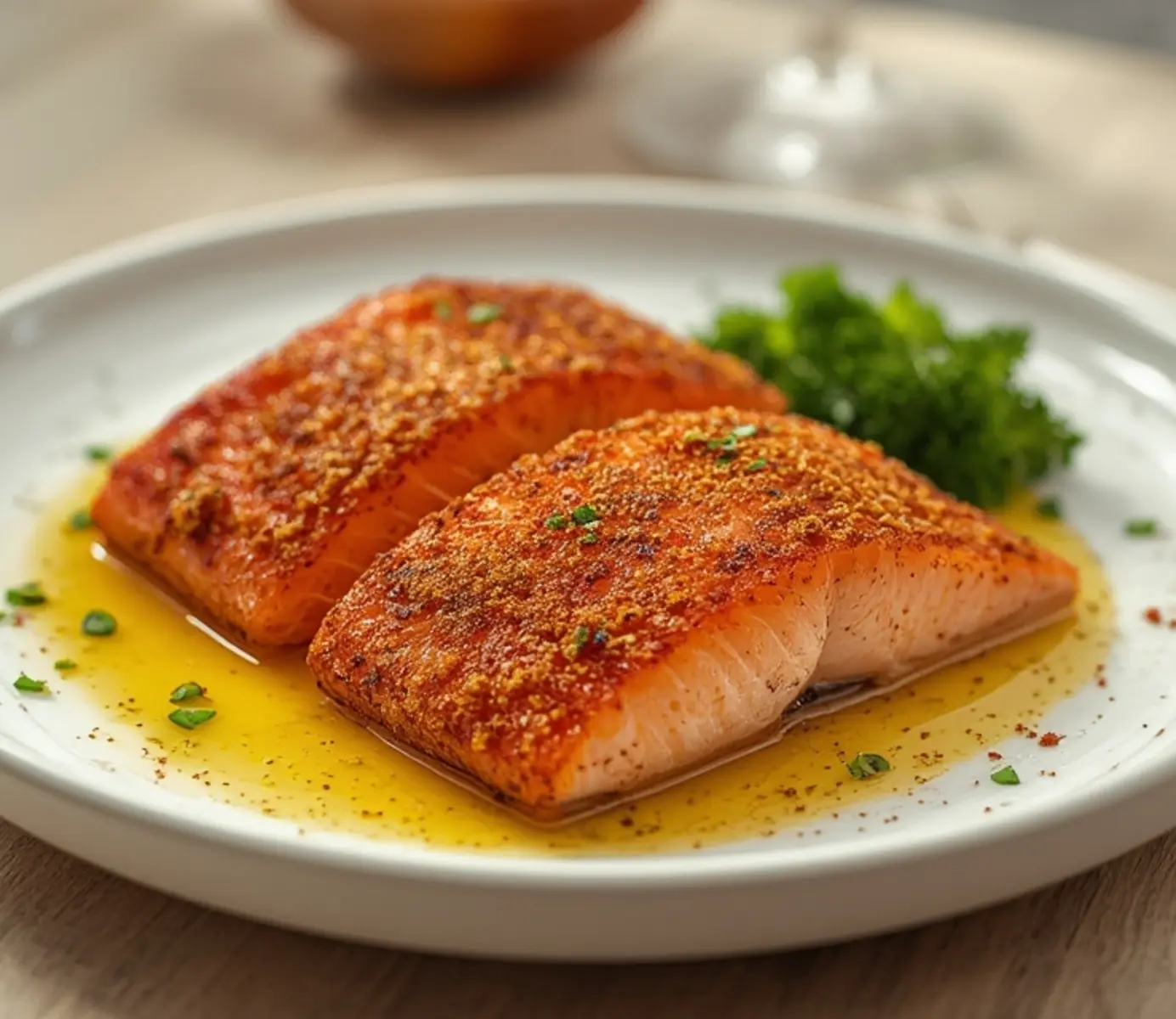 air fryer cajun salmon: Close up of juicy air fryer cajun salmon with a crispy spice crust and moist pink interior.