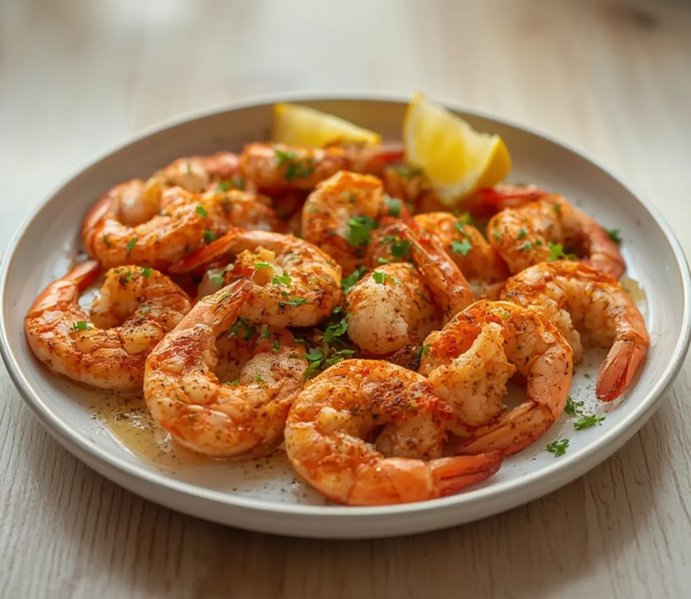 air fryer cajun shrimp: Crispy air fryer cajun shrimp piled high with fresh parsley and lemon wedges, glowing with spice.