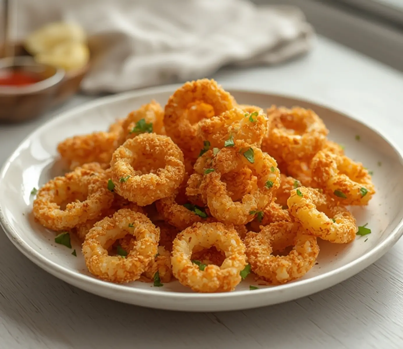 air fryer calamari: Golden crispy air fryer calamari rings piled on a plate with lemon wedges, showing crisp edges and tender texture.