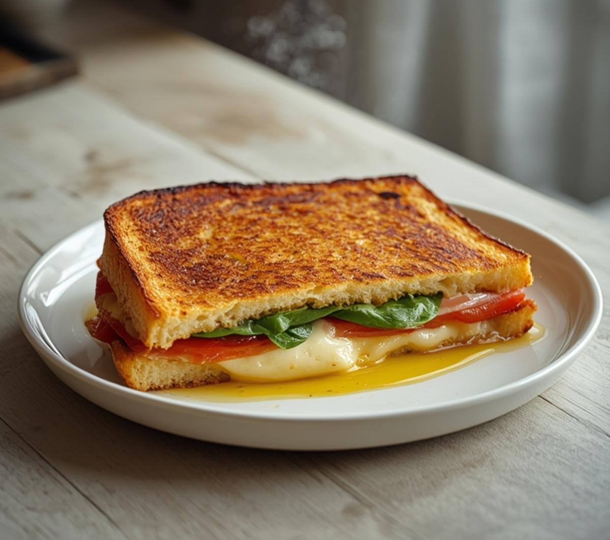 air fryer caprese panini: Golden Air Fryer Caprese Panini with melted mozzarella, tomatoes, and fresh basil on crispy bread.
