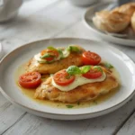 air fryer caprese stuffed chicken: Golden air fryer caprese stuffed chicken breasts with melted mozzarella and fresh basil.