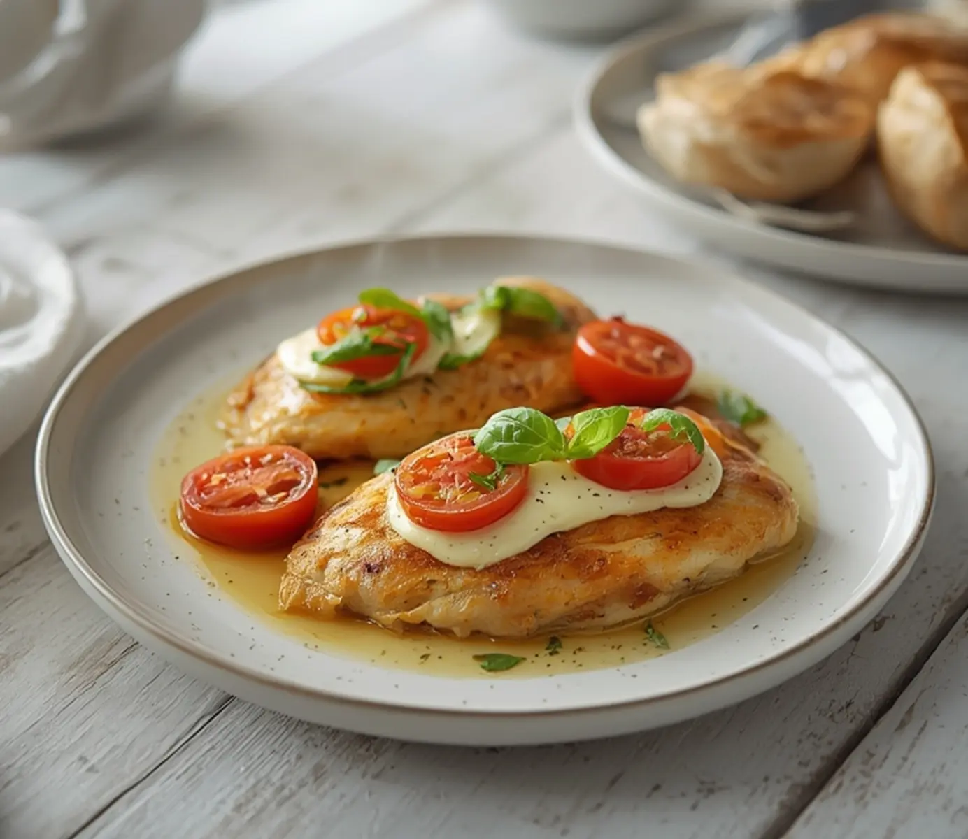 air fryer caprese stuffed chicken: Golden air fryer caprese stuffed chicken breasts with melted mozzarella and fresh basil.