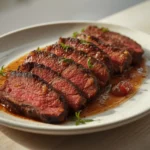 air fryer carne asada: Sliced air fryer carne asada with a dark crust and pink juicy center on a cutting board.