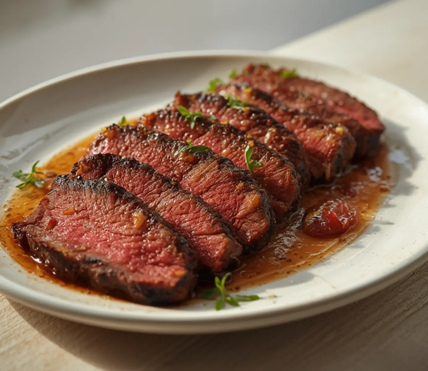 air fryer carne asada: Sliced air fryer carne asada with a dark crust and pink juicy center on a cutting board.