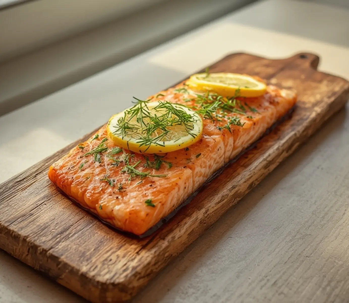 air fryer cedar plank salmon: Air fryer cedar plank salmon with flaky center, lemon slices, and charred edges on wooden plank.