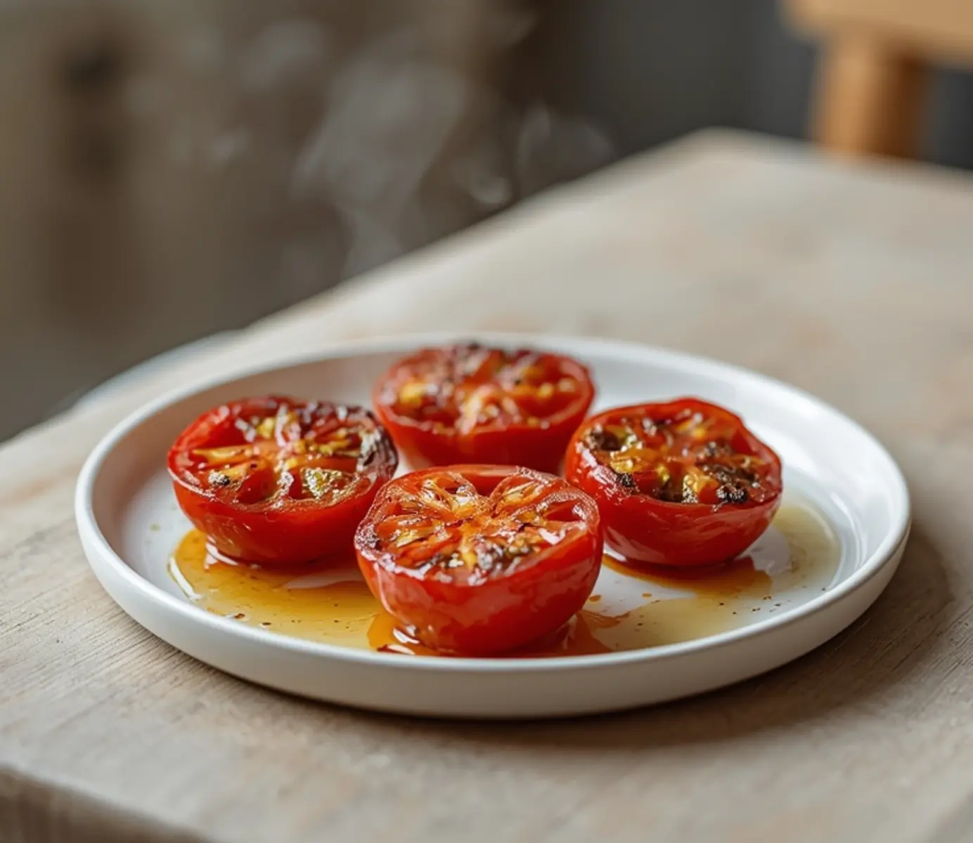 air fryer cherry tomatoes burst: Blistered air fryer cherry tomatoes burst with juice on a white plate, showing golden crispy skins and bright red interiors