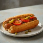 air fryer chicago style hot dog: Juicy air fryer Chicago style hot dog with crispy bun, mustard, and colorful toppings on a plate.
