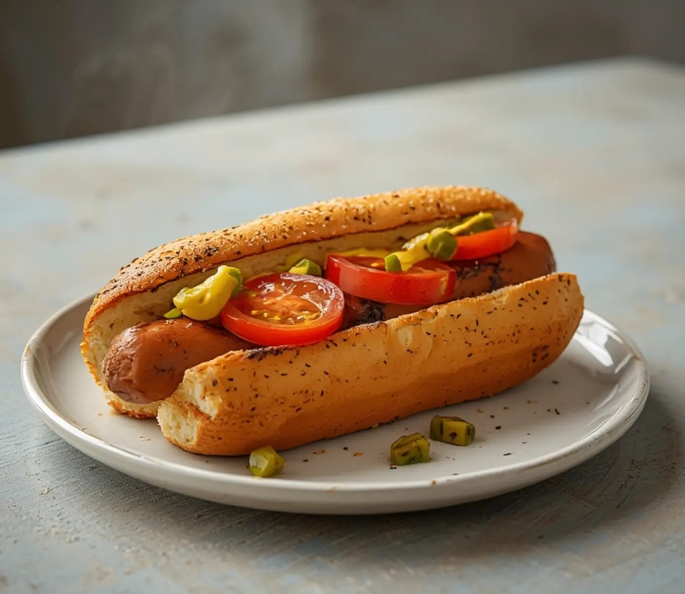 air fryer chicago style hot dog: Juicy air fryer Chicago style hot dog with crispy bun, mustard, and colorful toppings on a plate.