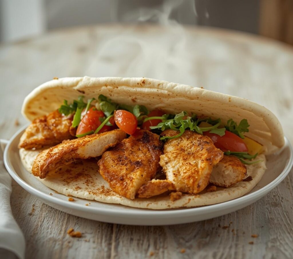 air fryer chicken gyro: Juicy air fryer chicken gyro with crispy golden strips and fresh toppings on pita bread.