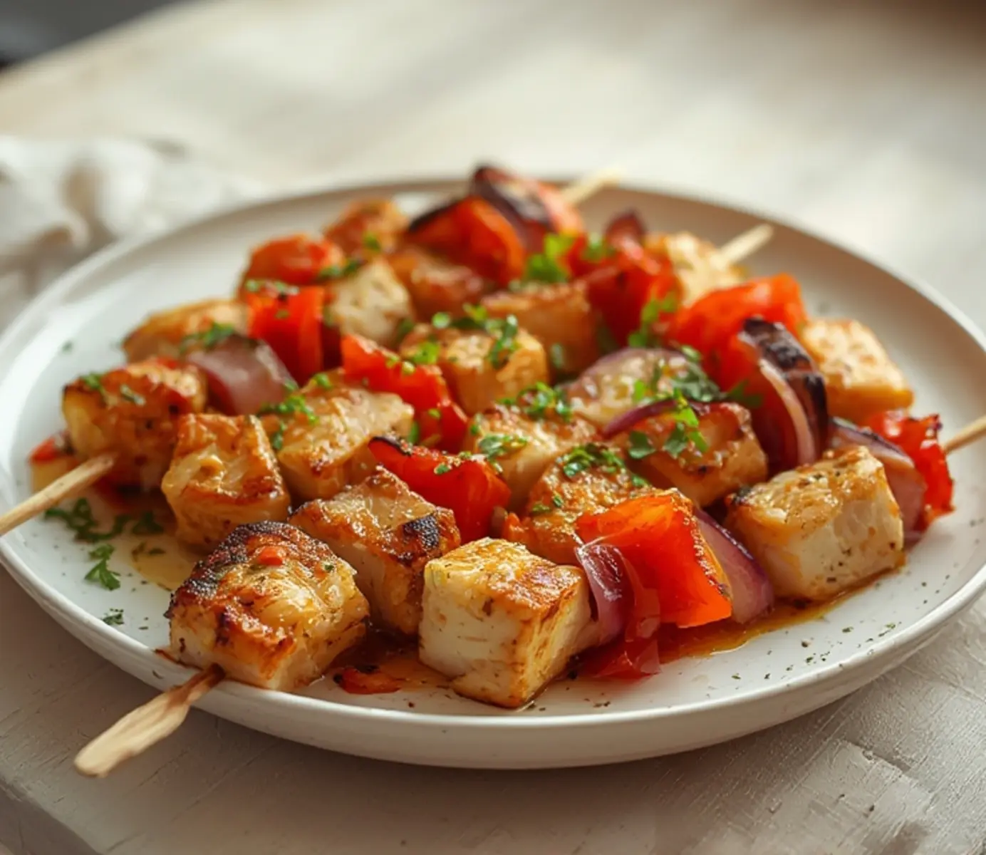 air fryer chicken kabobs: Juicy air fryer chicken kabobs with crispy golden edges and colorful vegetables on wooden skewers