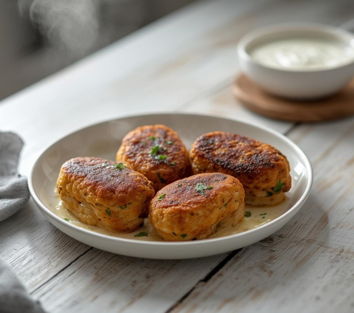 air fryer chicken kofta: Golden brown air fryer chicken kofta patties with crisp edges on a plate with fresh parsley.