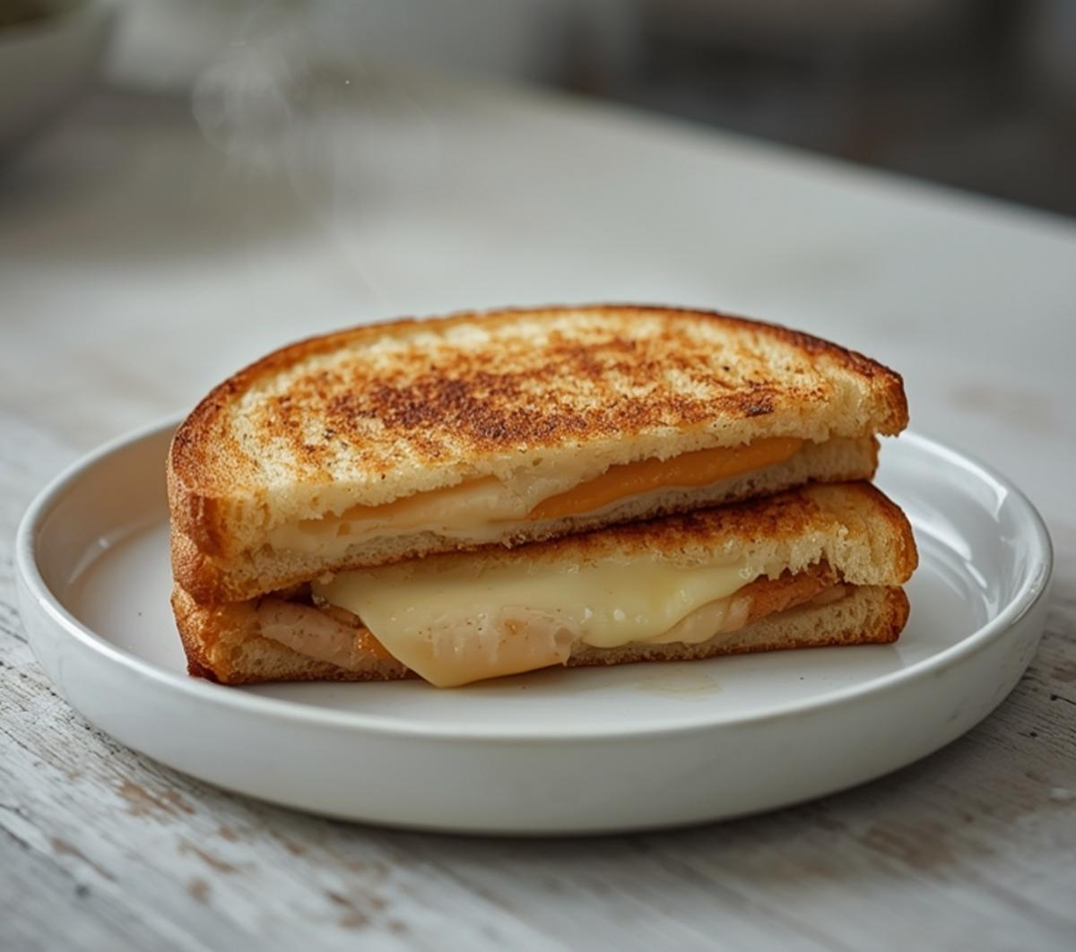 air fryer chicken panini: Golden air fryer chicken panini with melted cheese and crispy edges on a plate.