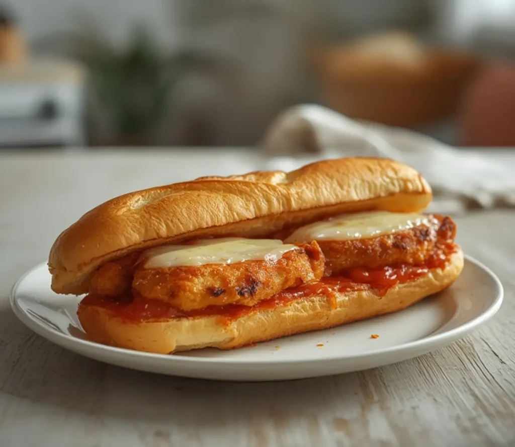 air fryer chicken parmesan sub: Golden crispy chicken parmesan sub with melted cheese in air fryer basket